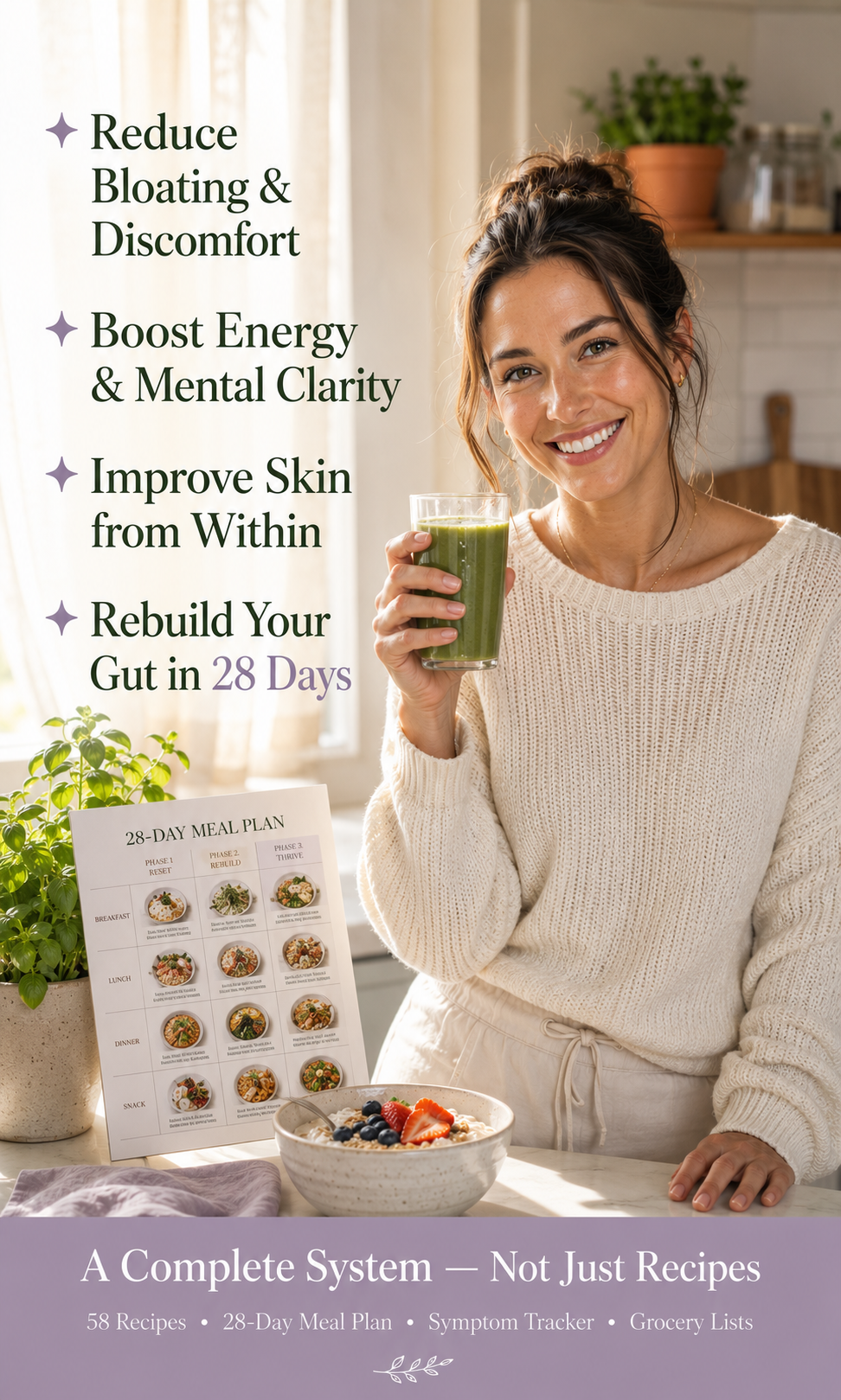 Calm & Nourish: The 28-Day Gut Healing Kitchen — 58 Anti-Inflammatory Recipes + 8 Healing Drinks, 3-Phase Meal Plan, Grocery Lists & Symptom Tracker (Digital Cookbook PDF + Interactive Edition)