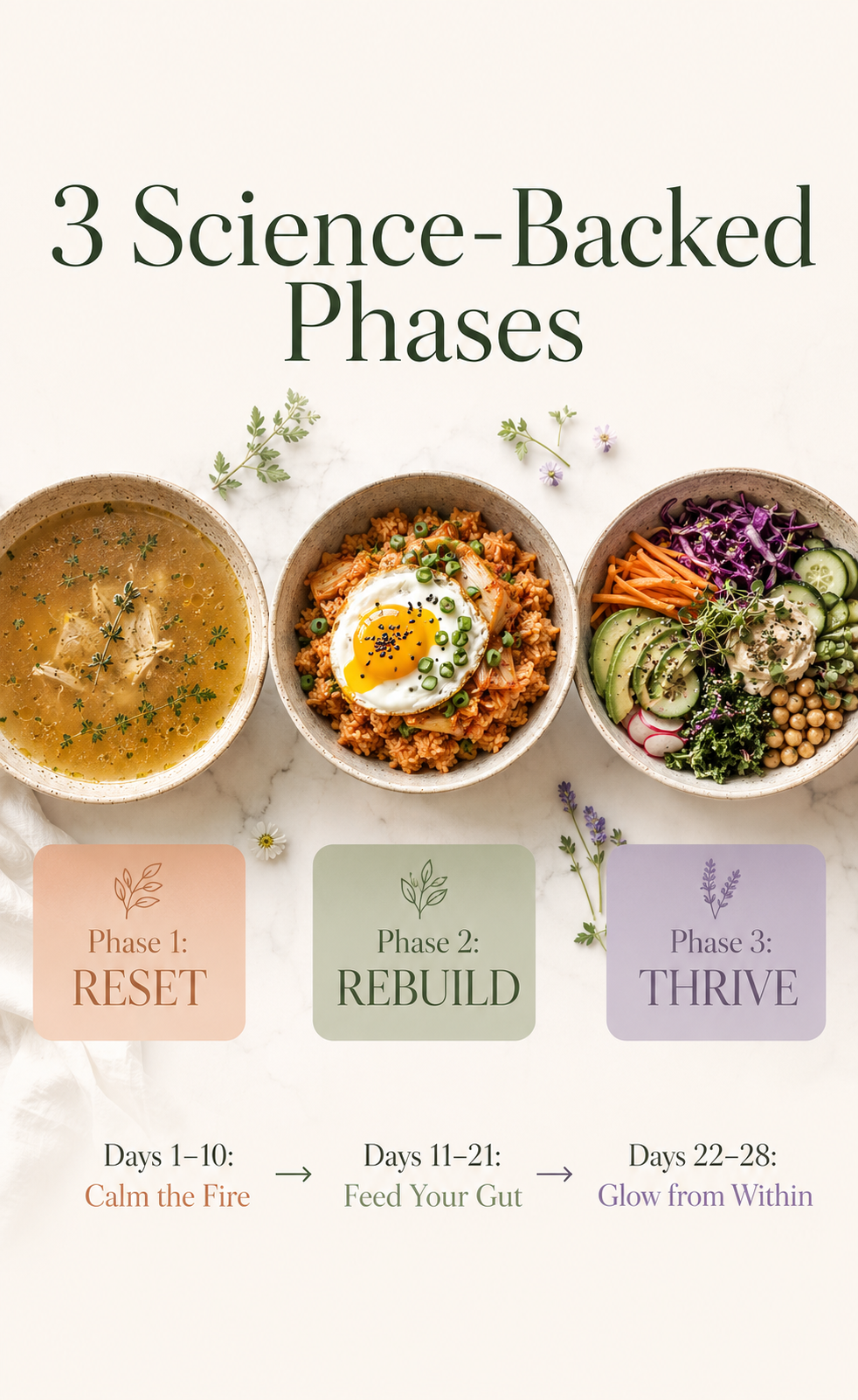 Calm & Nourish: The 28-Day Gut Healing Kitchen — 58 Anti-Inflammatory Recipes + 8 Healing Drinks, 3-Phase Meal Plan, Grocery Lists & Symptom Tracker (Digital Cookbook PDF + Interactive Edition)