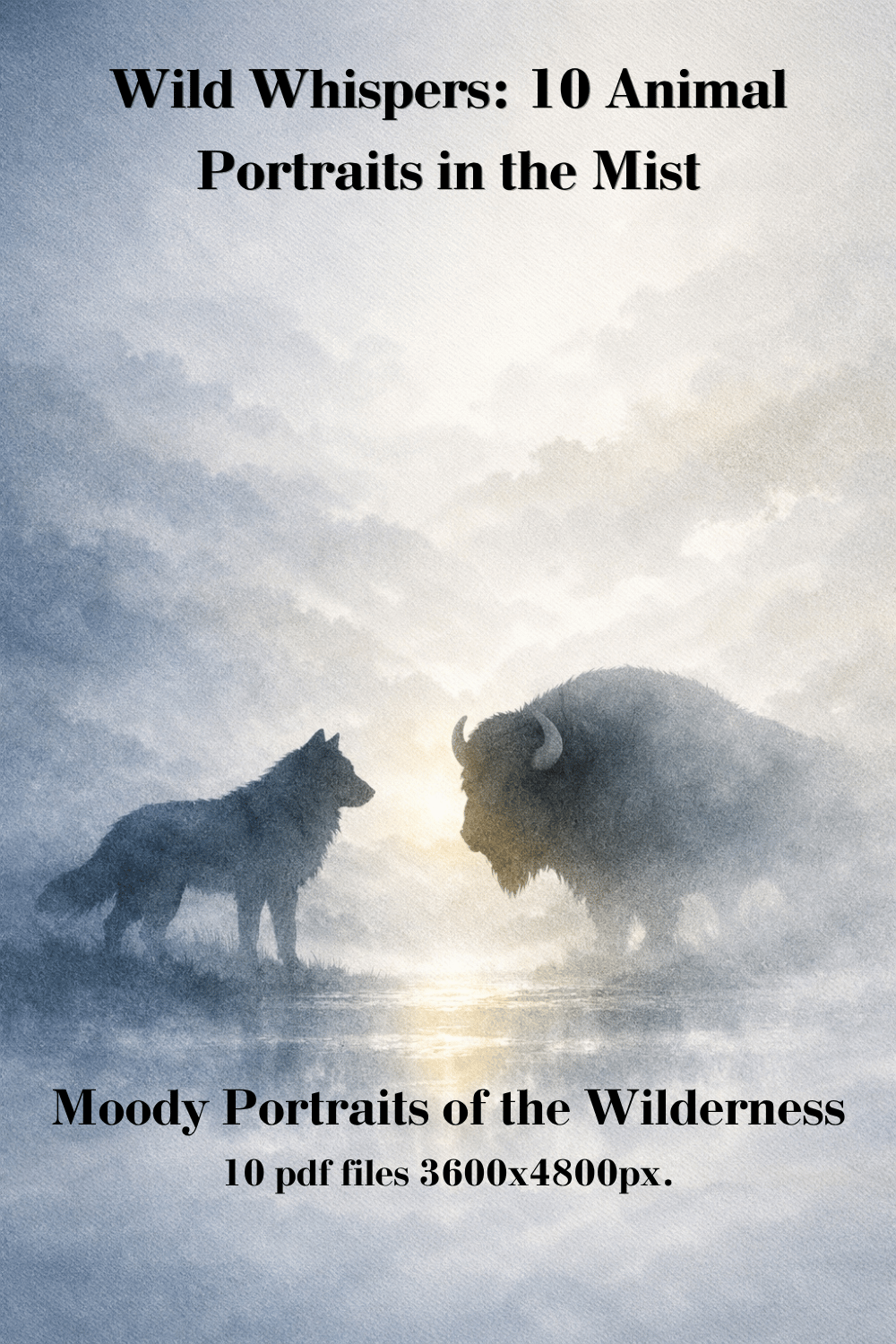 Book cover titled "Wild Whispers: 10 Animal Portraits in the Mist" with the subtitle "Moody Portraits of the Wilderness" and specifications "10 pdf files 3600x4800px", featuring a wolf and a buffalo standing in a misty landscape.