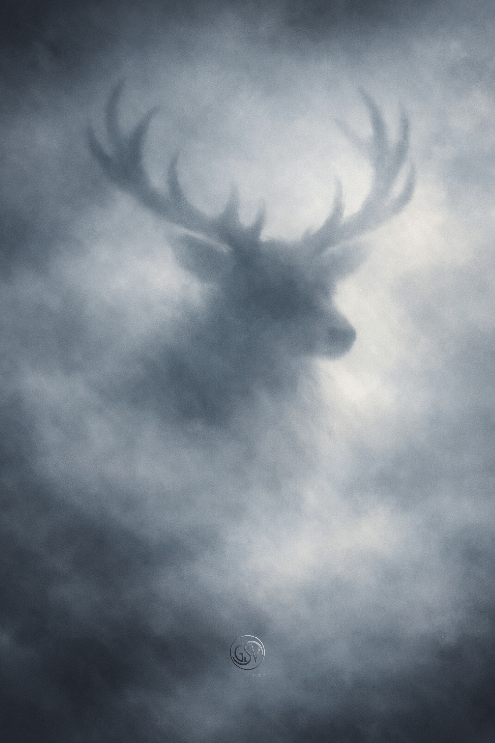 Artistic portrait of a majestic deer with large antlers, silhouetted and subtly defined against a dense, ethereal mist, capturing a "moody" aesthetic.