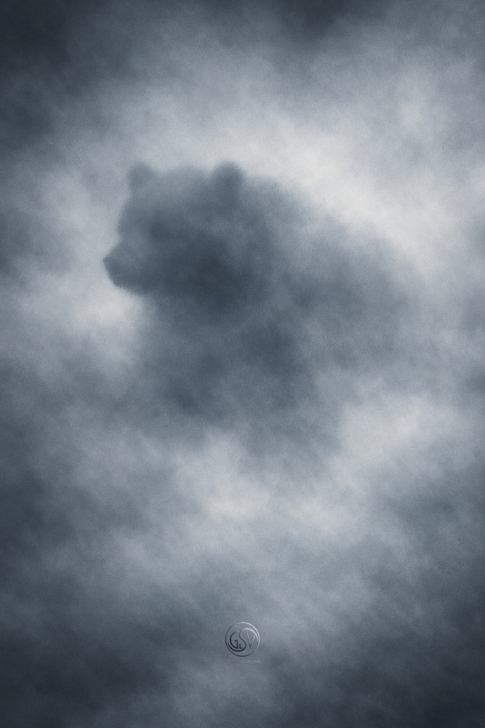 Profile art portrait of a bear silhouette, rendered in soft, indistinct strokes, emerging from deep, cloudy mist, emphasizing form over detail.
