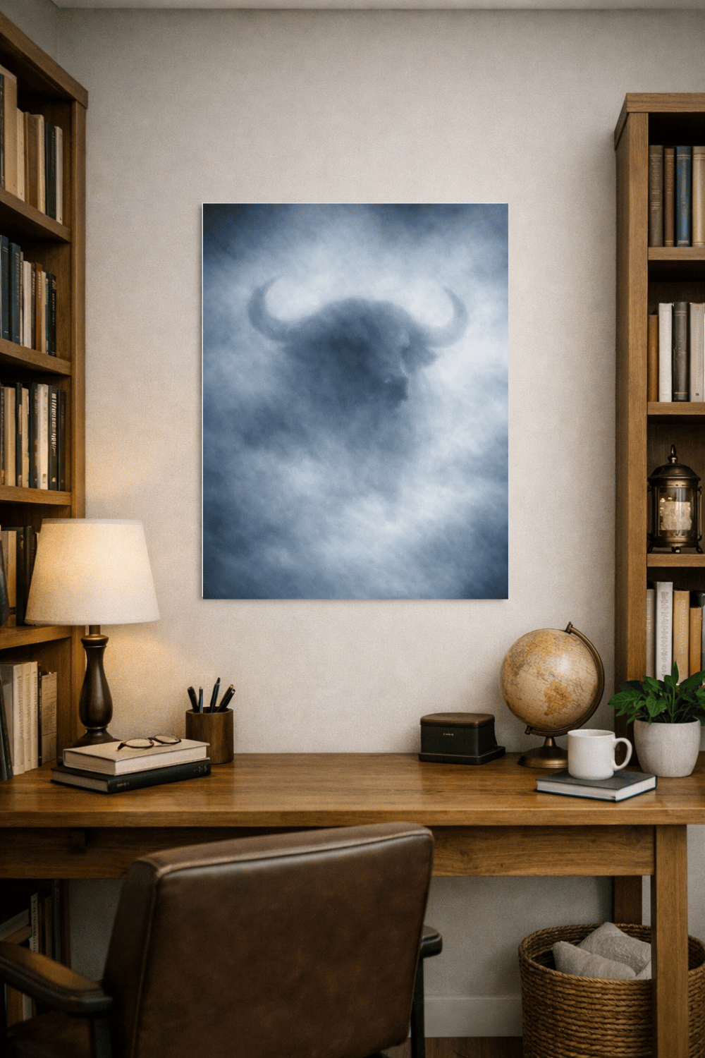 An art print of a buffalo portrait, rendered in an atmospheric, hazy, monochrome style, hanging in a frame above a wooden desk with an office lamp, globe, and books.