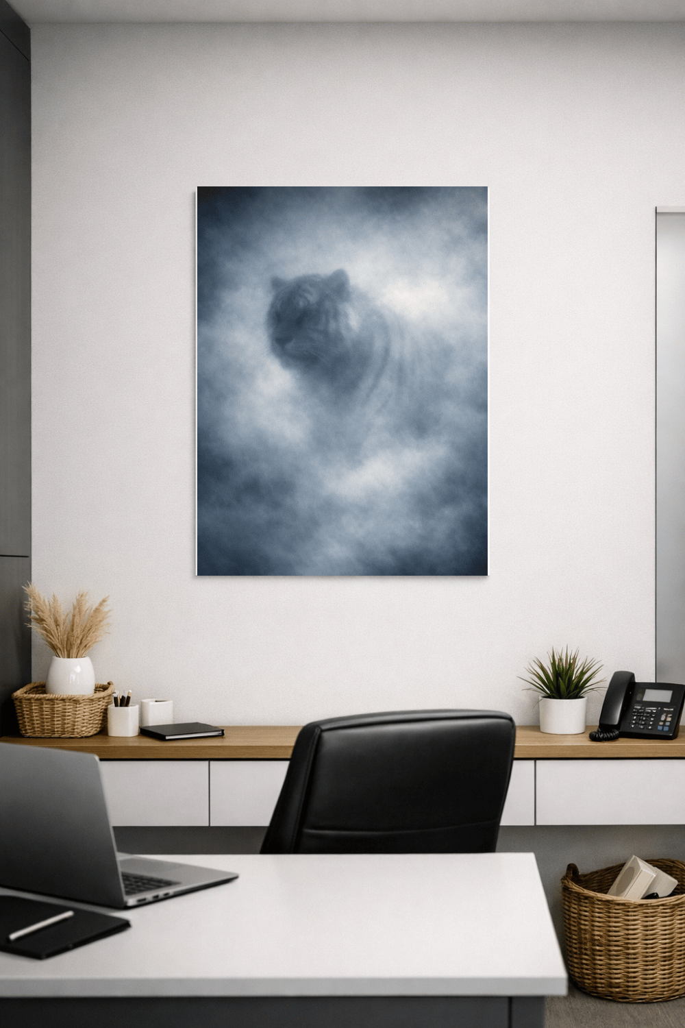An art print of a tiger portrait, rendered in an atmospheric, hazy, monochrome style, hanging in a frame above a modern desk with a laptop, desk organizer, and telephone.