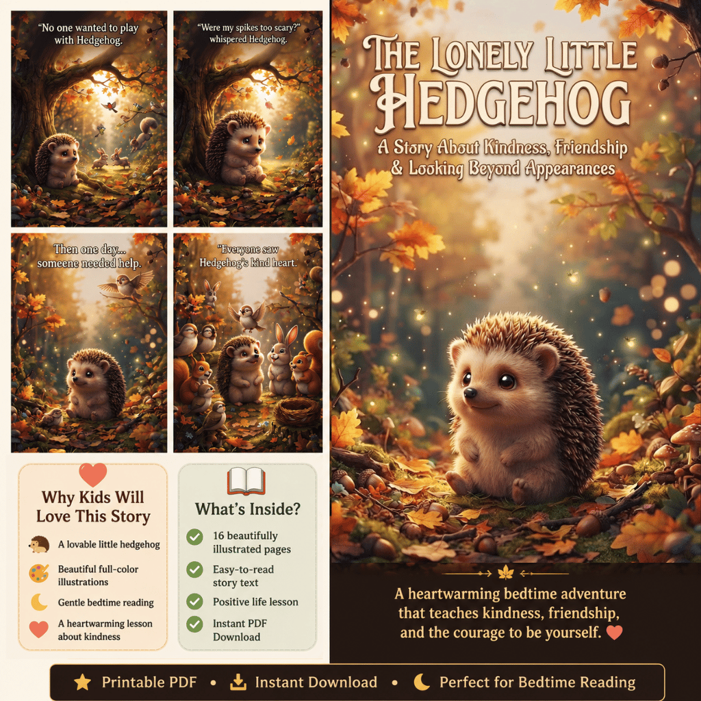 A beautifully illustrated printable children's bedtime story PDF featuring a cute little hedgehog learning that kindness and friendship matter more than appearances.