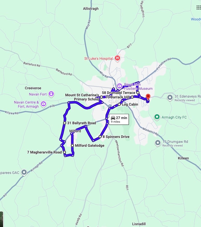 Practise real driving test routes for Armagh Driving Test Centre. This PDF includes 8 Google Maps practice routes to help learner drivers prepare confidently for the practical driving test.