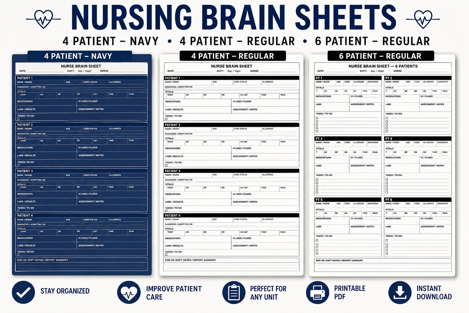 4 & 6 Patient Nursing Brain Sheet Bundle | Nurse Report Sheet | Printable PDF | Nursing Student Clinical Organizer