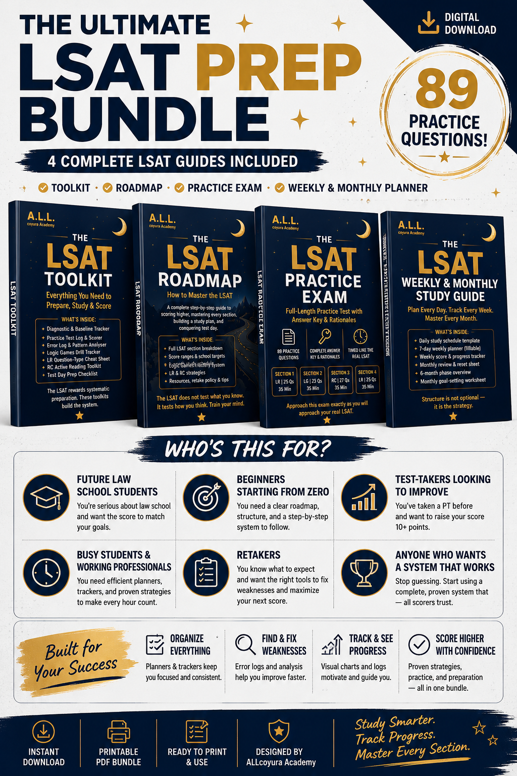 Ultimate LSAT Prep Bundle | 4 Printable Study Guides, Practice Exam, Trackers & 6-Month Study Planner