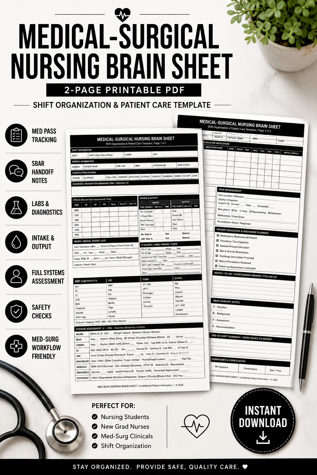 Med Surg Nursing Brain Sheet black white | 2-Page Patient Care Report Sheet | Printable Nurse Clinical Template