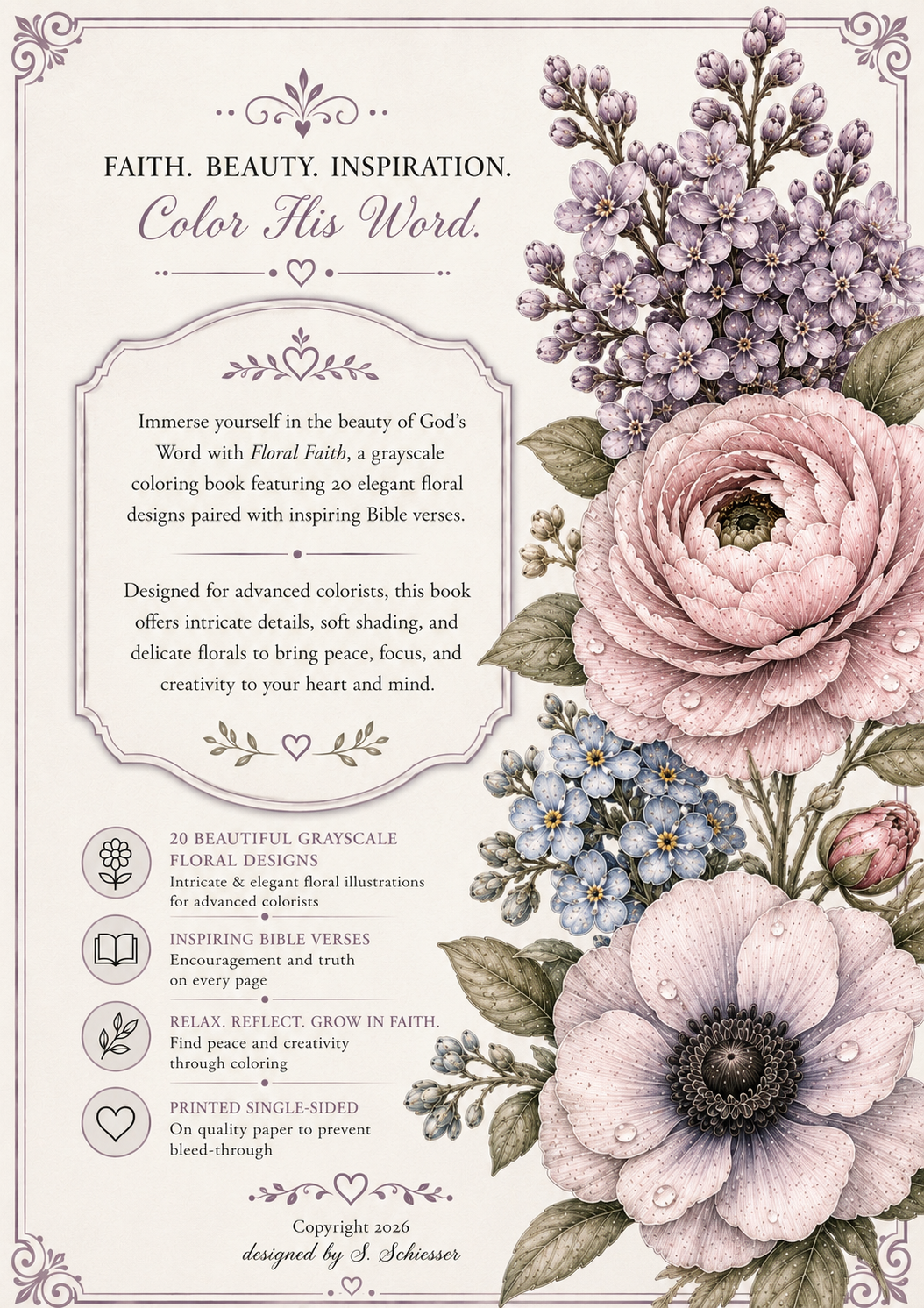 Floral Faith coloring book back cover with product details, Bible verses, and botanical illustrations