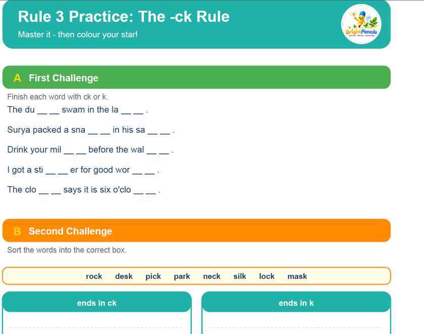 The -ck spelling rule practice worksheet for kids featuring sentence exercises and word-building activities from BrightPencils Book 1.