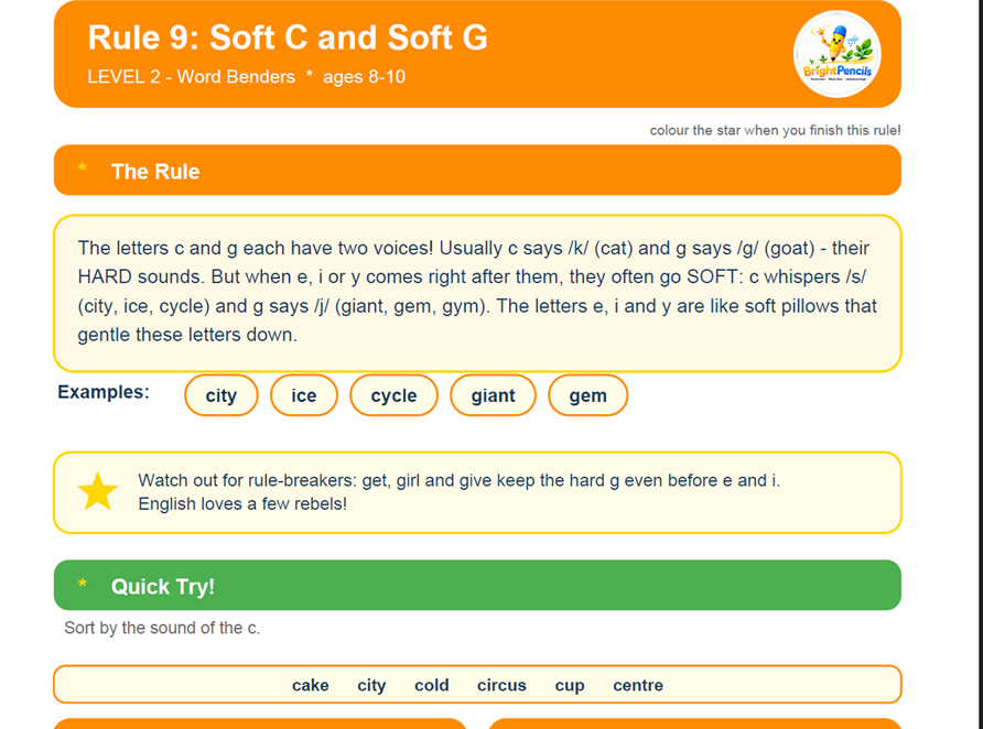 Soft C and Soft G practice worksheet with sorting and sentence activities for ages 7–10 from BrightPencils Spelling Rules Adventure Book 1.