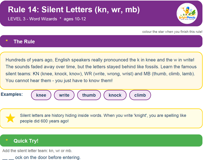 Silent letters spelling worksheet covering kn, wr, and mb with examples and exercises for children from BrightPencils Book 1.