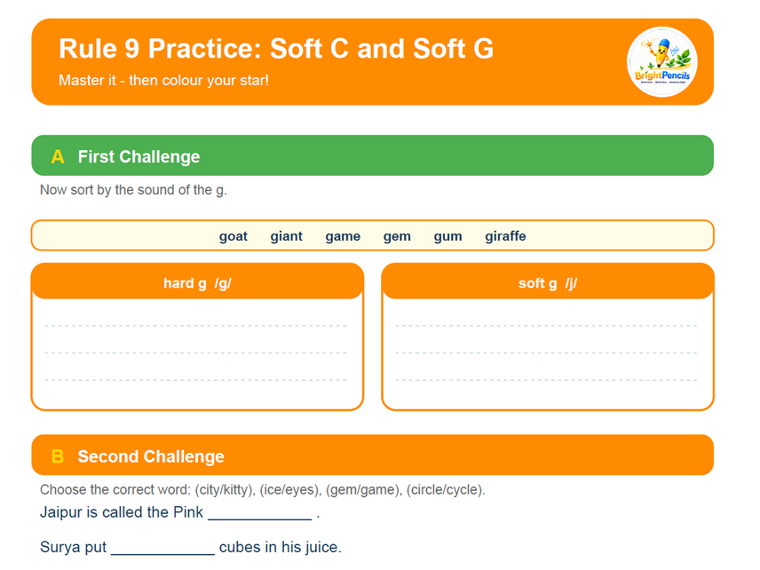 Soft C and Soft G spelling rule worksheet for children with examples and practice activities from BrightPencils Spelling Rules Adventure Book 1.