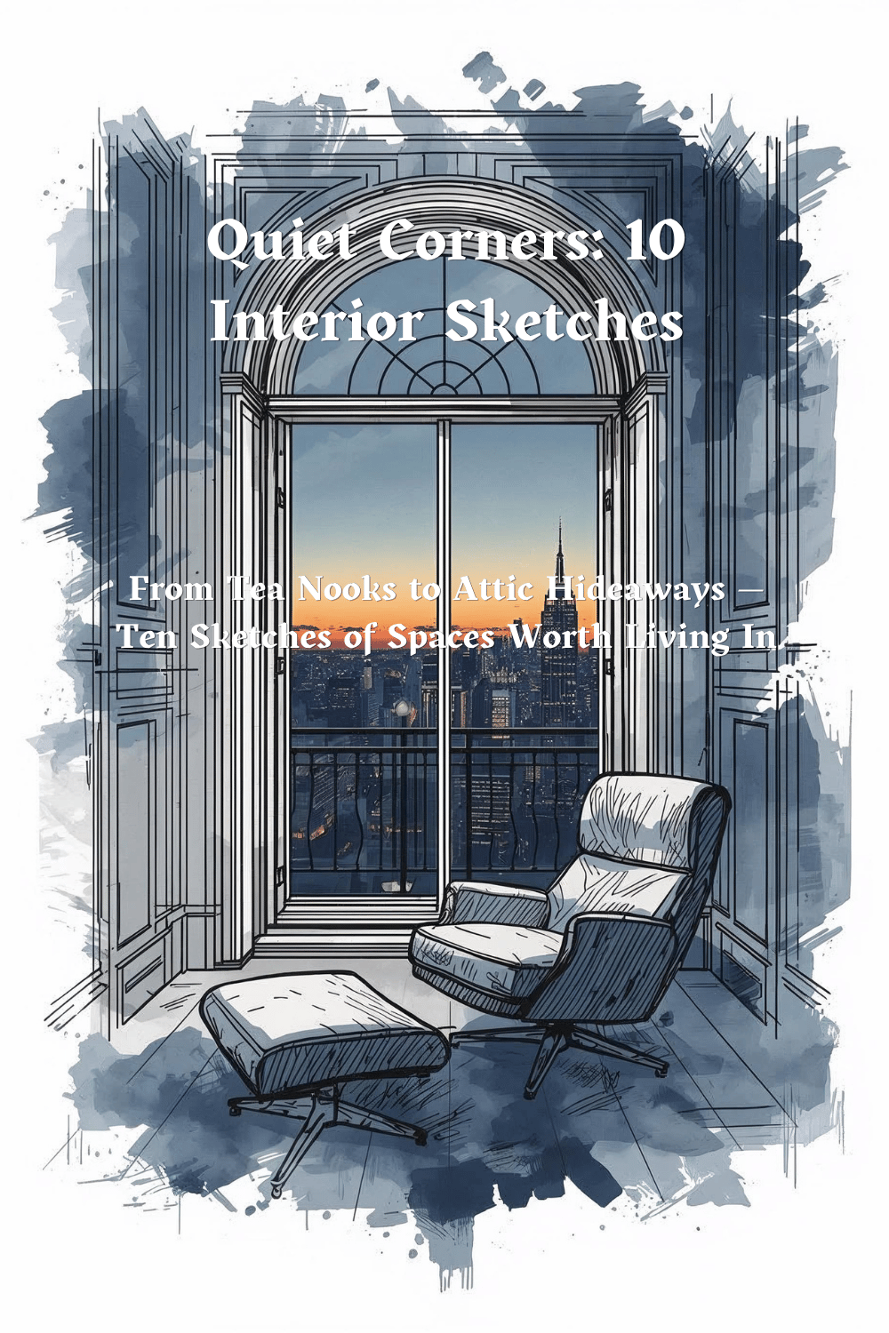 "Cover art for Quiet Corners: 10 Interior Sketches, a hand-drawn armchair by a tall arched window overlooking a city skyline at dusk"