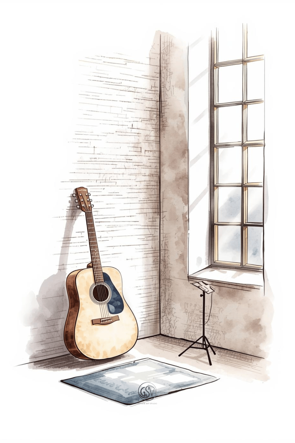 "Interior sketch of an acoustic guitar leaning against a textured wall beside a tall window with a music stand"