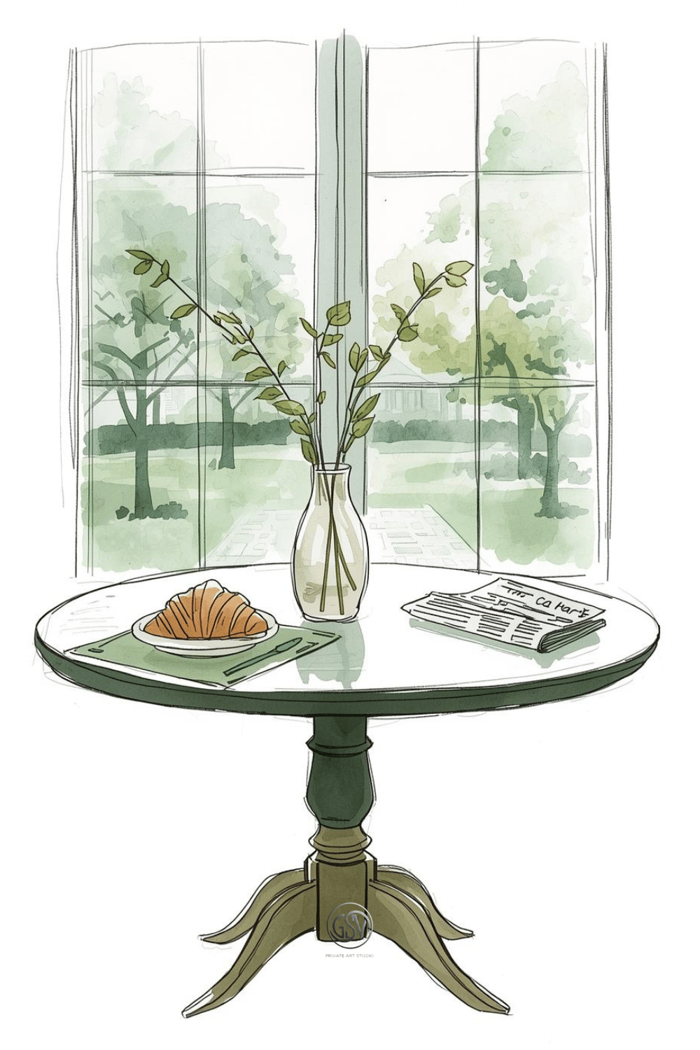 "Interior sketch of a round breakfast table with a croissant, newspaper, and a vase of branches by a garden-view window"