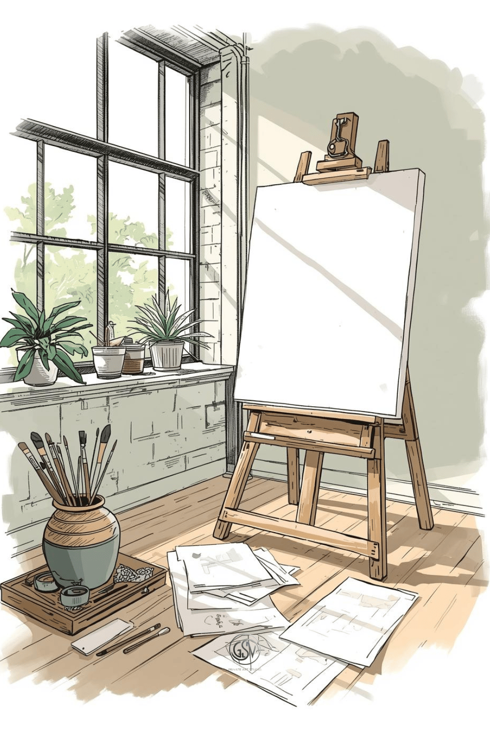 "Interior sketch of an artist's studio corner with a wooden easel, blank canvas, jar of brushes, and scattered sketches by a large industrial window"