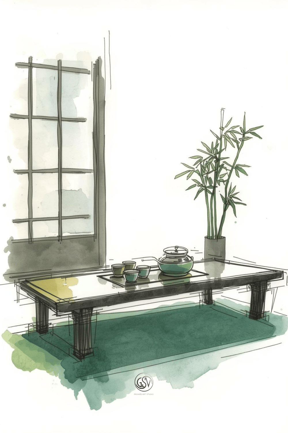 "Interior sketch of a Japanese-inspired tea corner with a low wooden table, teapot, teacups, shoji screen, and a potted bamboo plant"