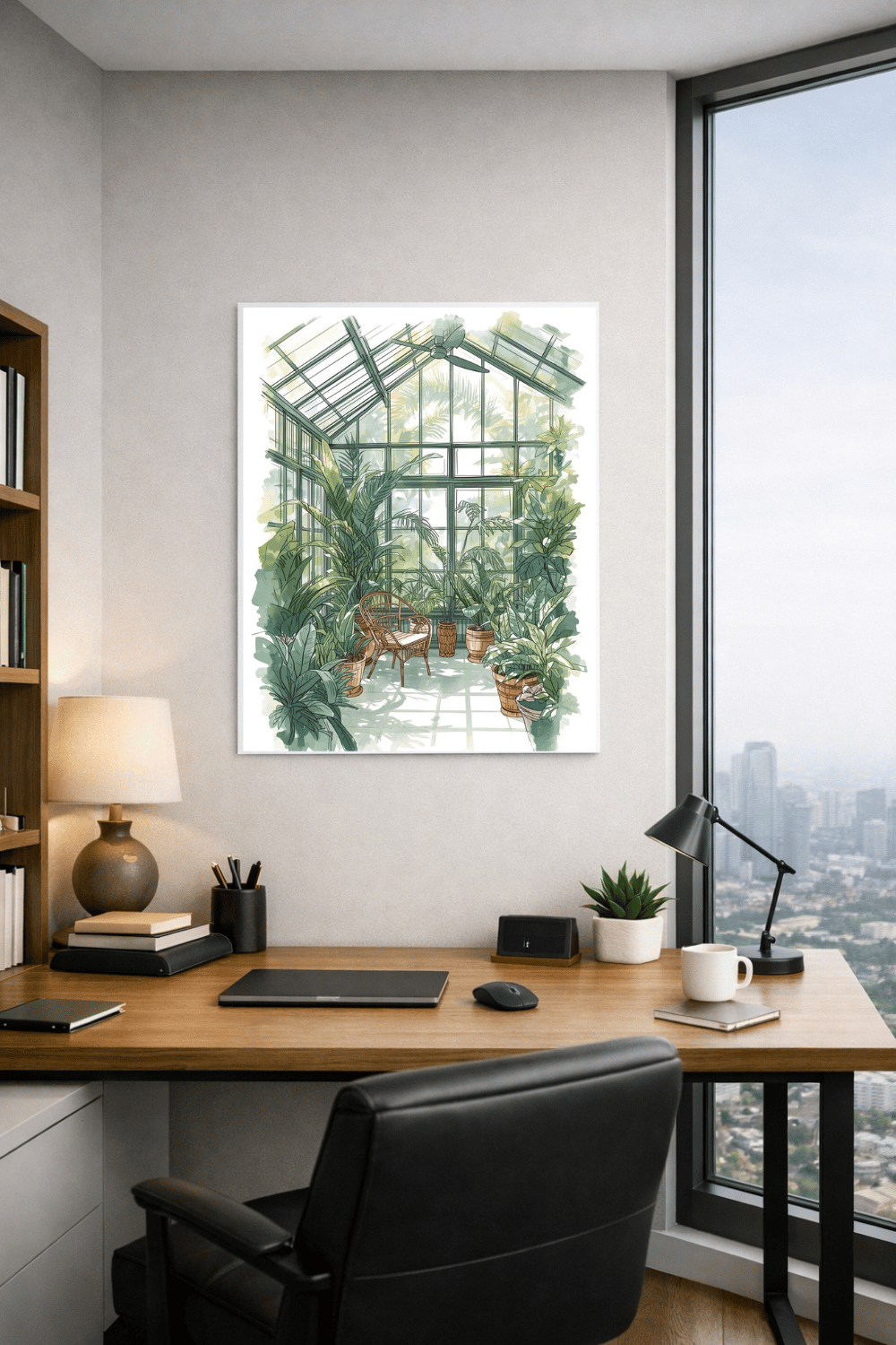 Interior sketch of a plant-filled reading corner in a glass conservatory with a wicker chair and skylight roof
