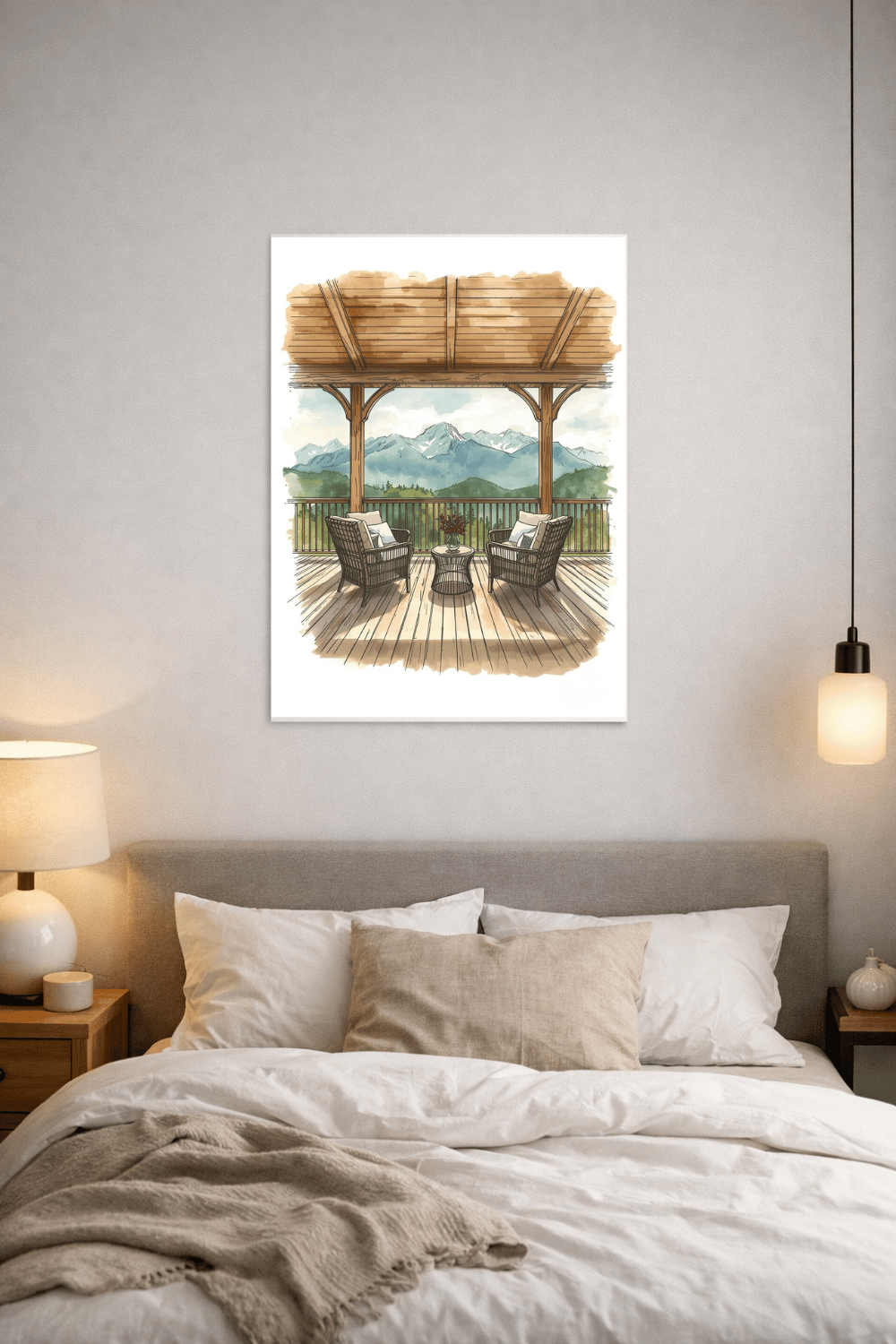 "Interior sketch of a wooden pergola terrace with wicker chairs, a side table, and mountain views"