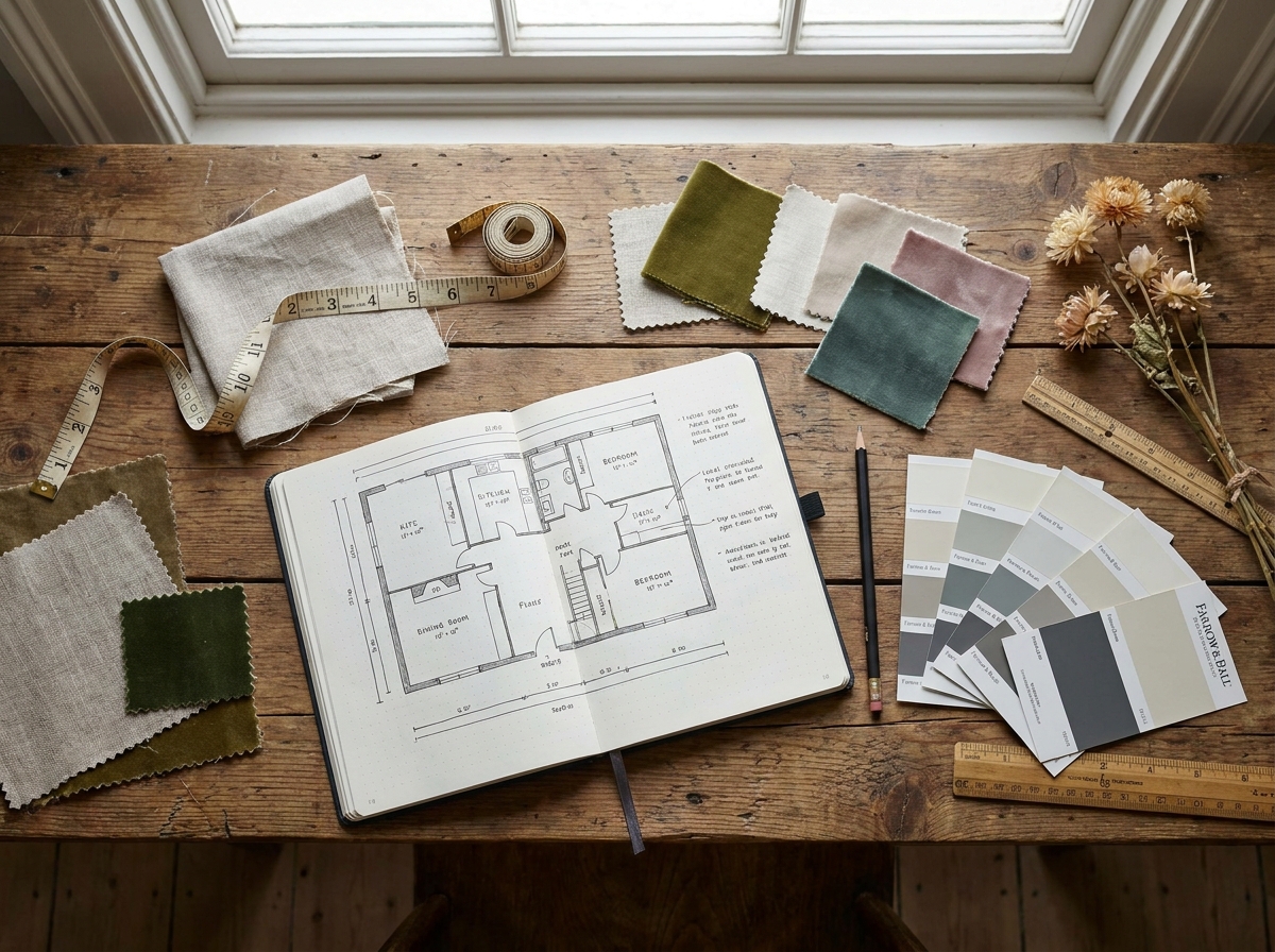 Flat lay of home decor planning materials including mood board samples and floor plan, illustrating the DIY interior design process and preparation.