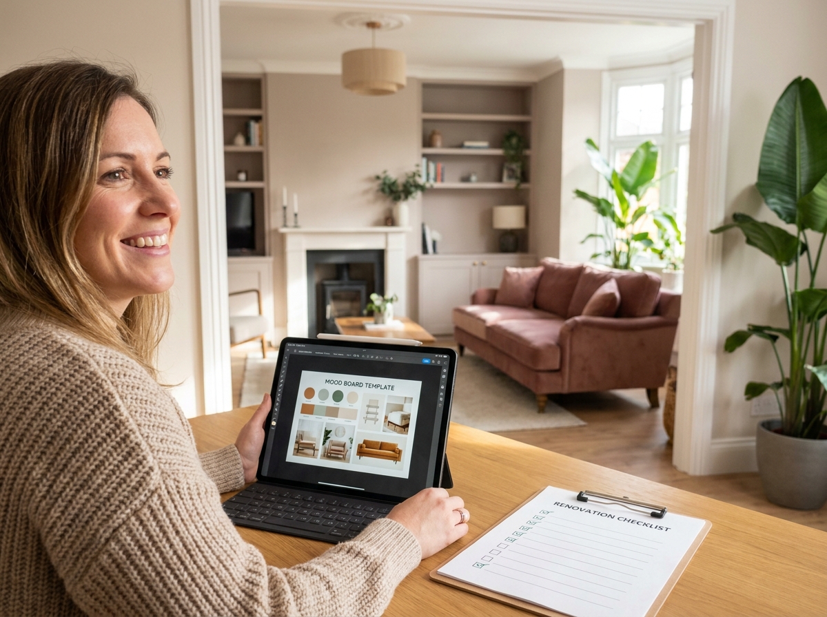Homeowner downloading a mood board toolkit on tablet with renovated room behind, representing accessible DIY interior design resources and action.