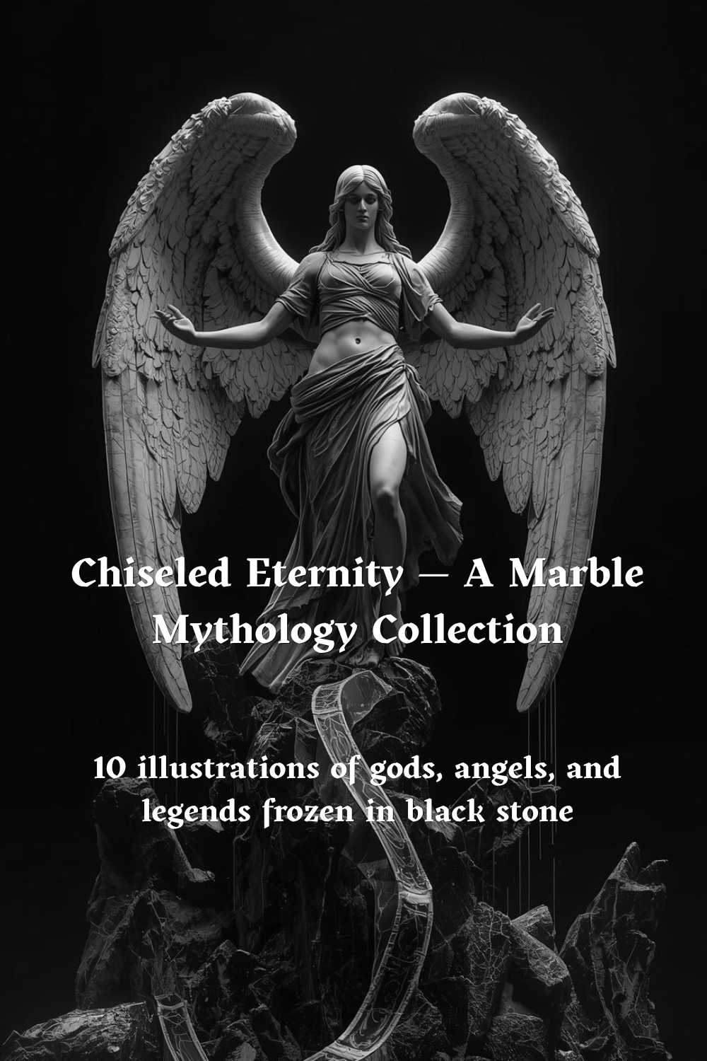 Chiseled Eternity marble mythology collection cover, black and white angel statue illustration with large wings, dark gothic stone sculpture art