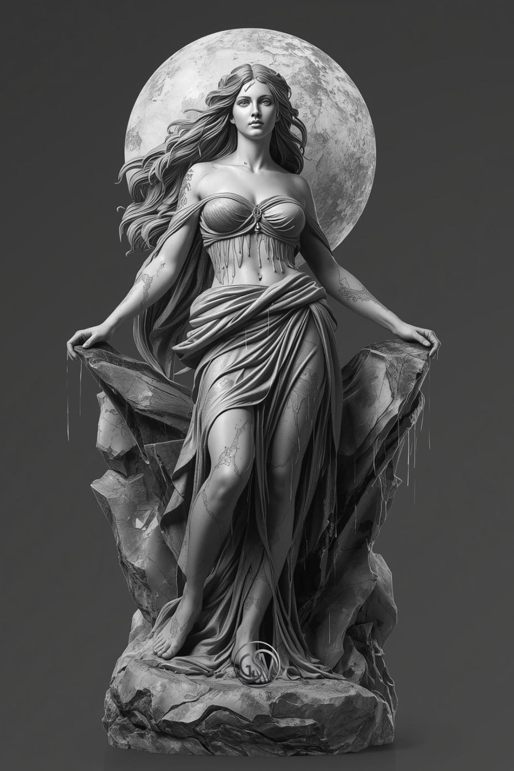 Marble goddess statue illustration with flowing hair, standing before a large glowing moon, mythological stone sculpture wall art