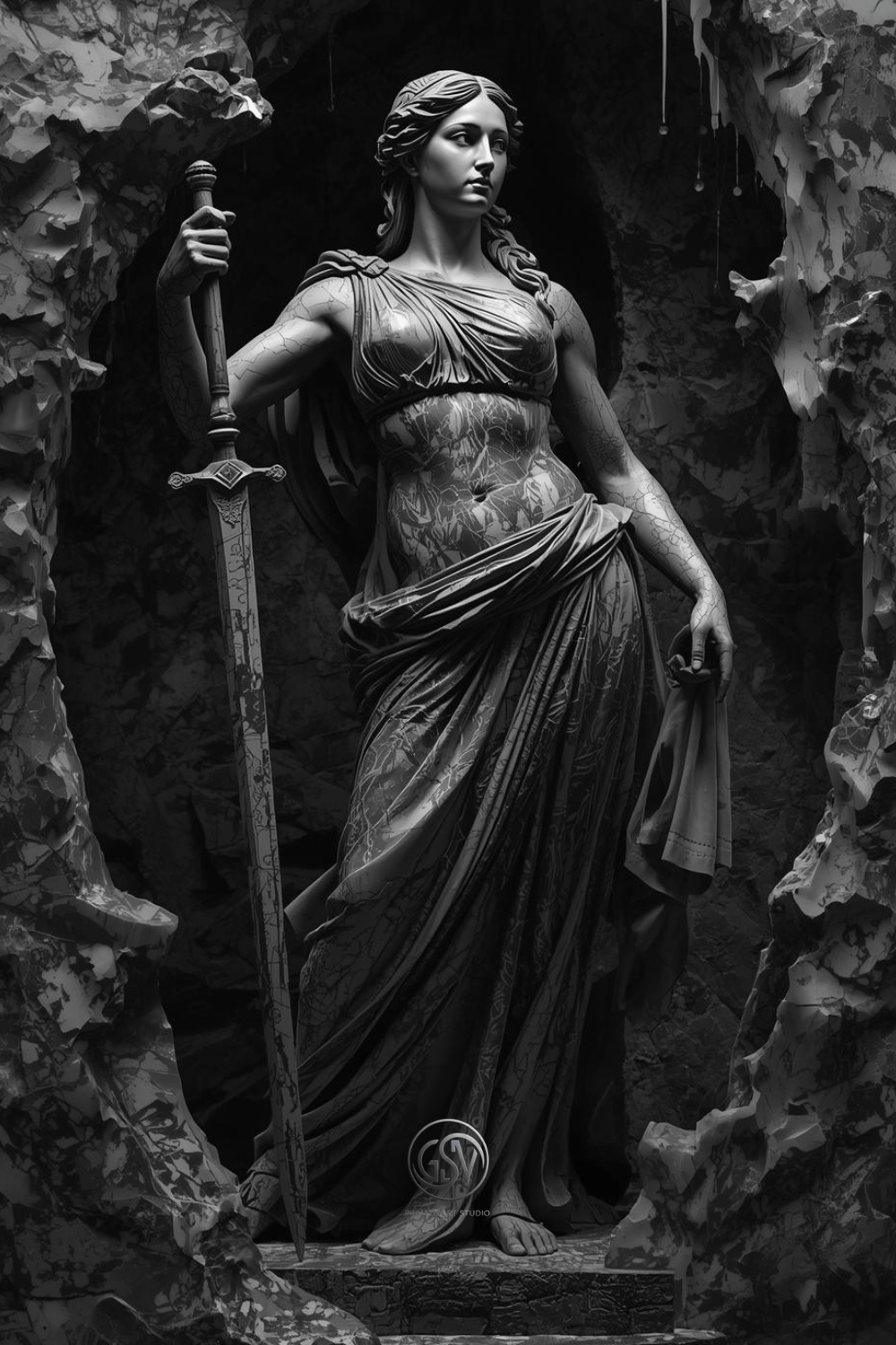Black marble warrior woman statue illustration holding a sword, standing in a rocky cave, dramatic Renaissance-style sculpture art
