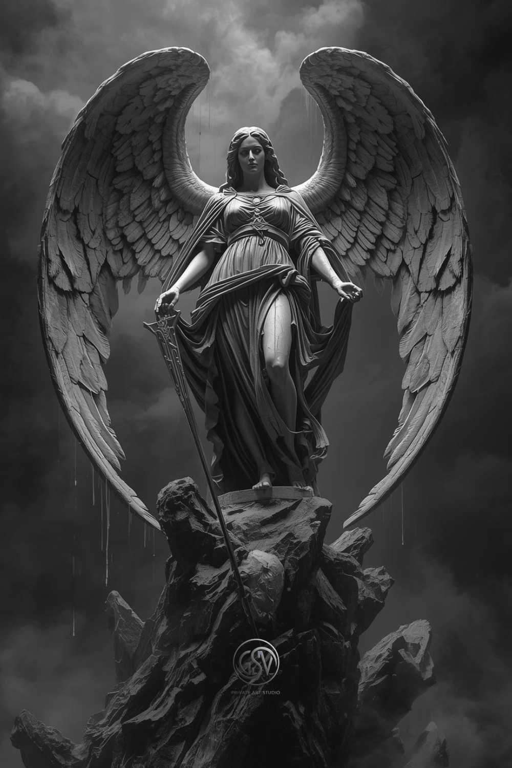 Marble angel statue illustration holding a sword, standing atop a rocky cliff under dramatic stormy clouds, gothic mythology wall art