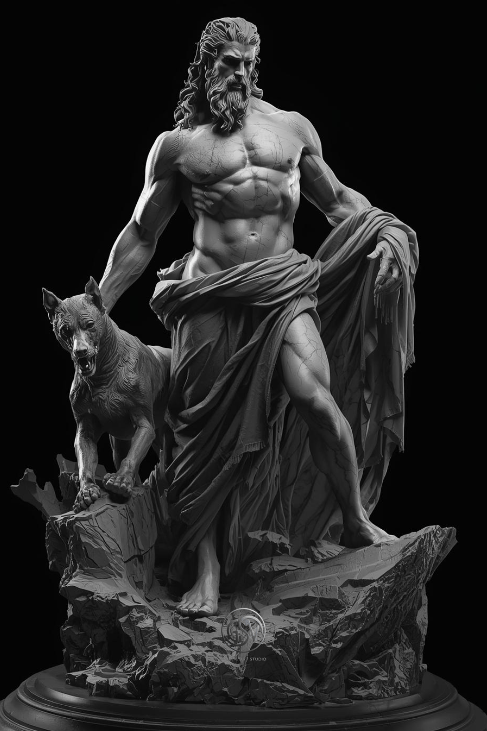 Dark marble statue illustration of Hades, god of the underworld, standing with three-headed dog Cerberus, muscular mythological sculpture art