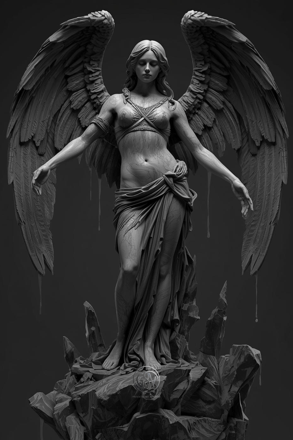 Black and white marble angel statue illustration, large feathered wings, arms lowered in quiet surrender, dark gothic mythology art