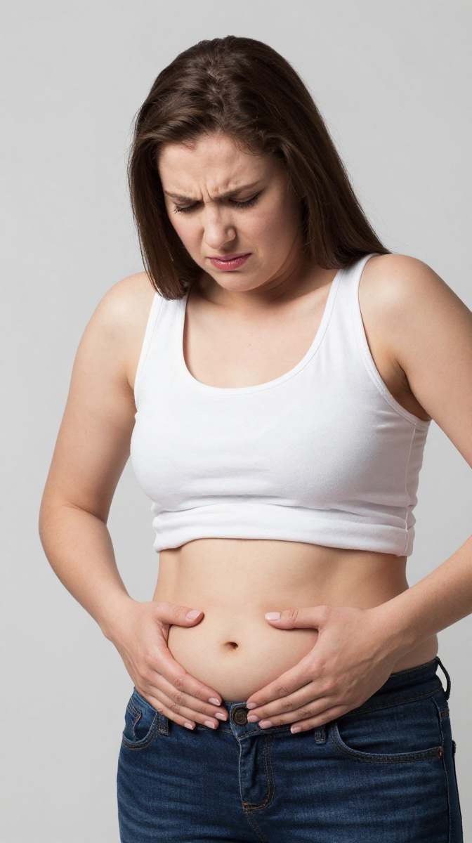 A woman holding a bloated stomach showing discomfort on her face