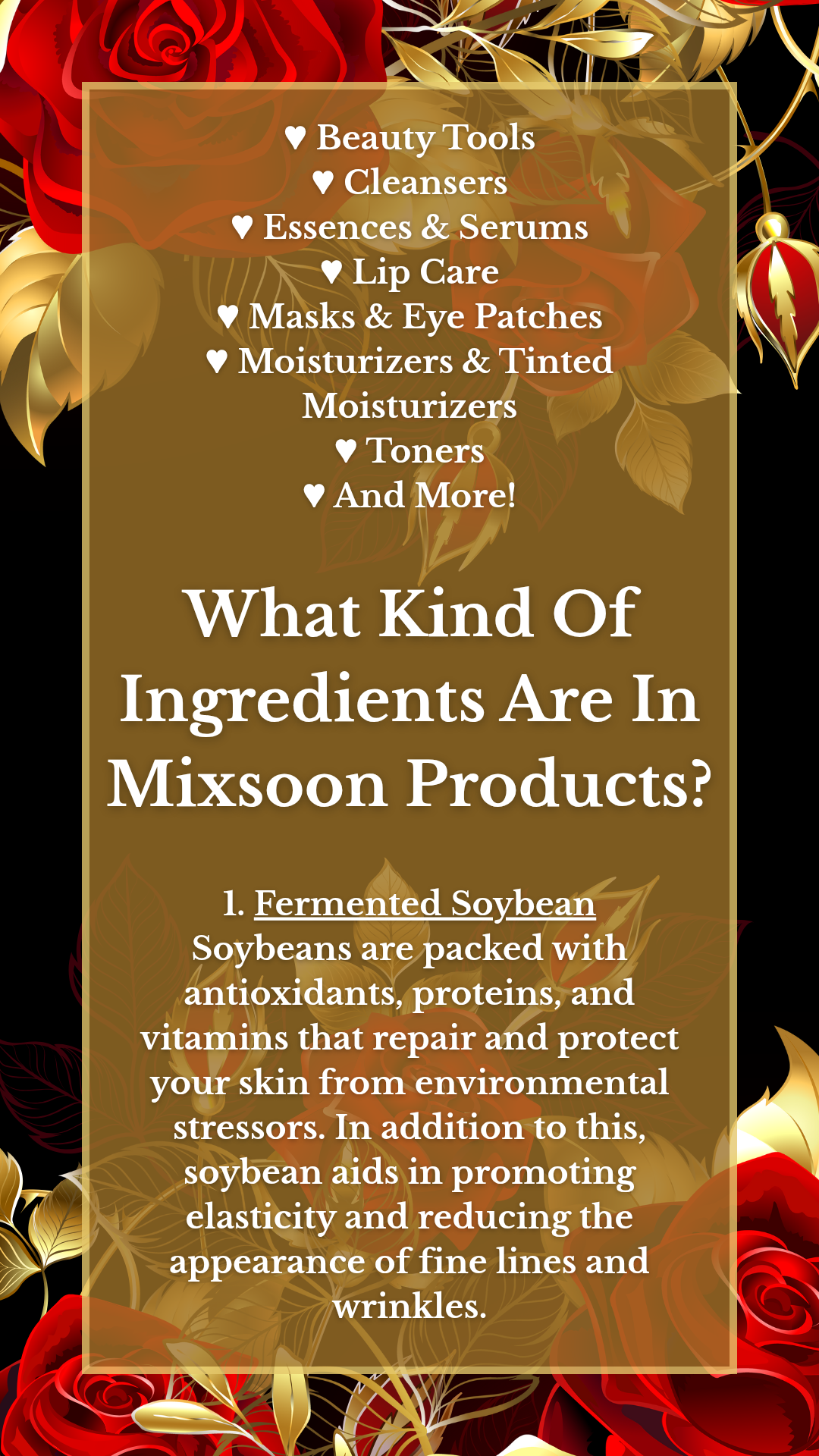 An image describing what ingredients are in Mixsoon's products.