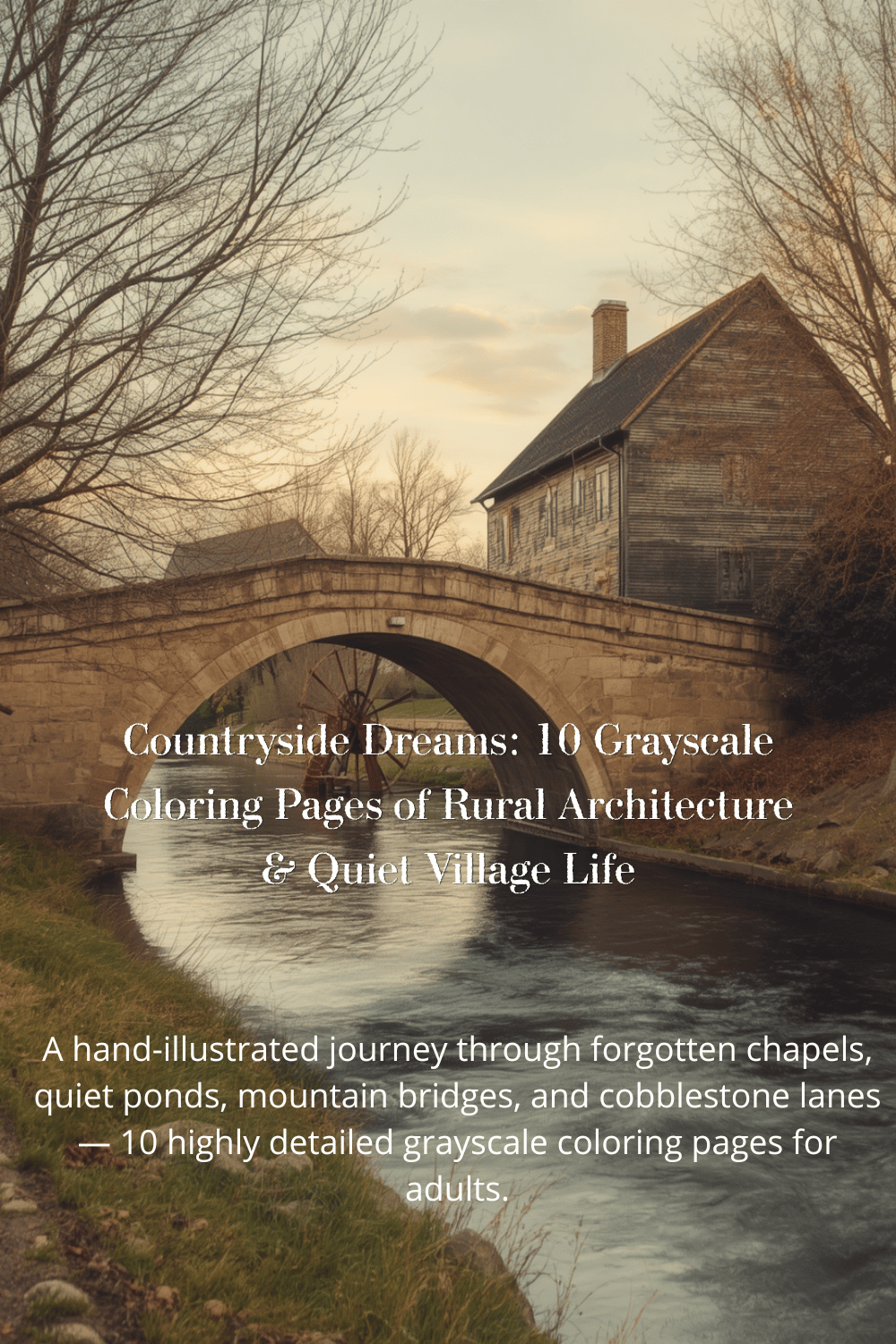 Cover artwork for "Countryside Dreams" coloring collection — stone bridge with a watermill over a river at golden hour