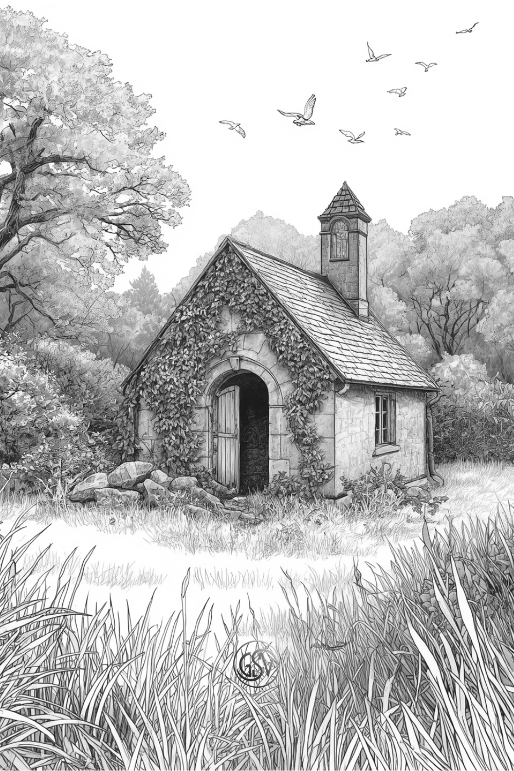 Grayscale coloring page of an ivy-covered stone chapel with a bell tower, surrounded by trees and flying birds
