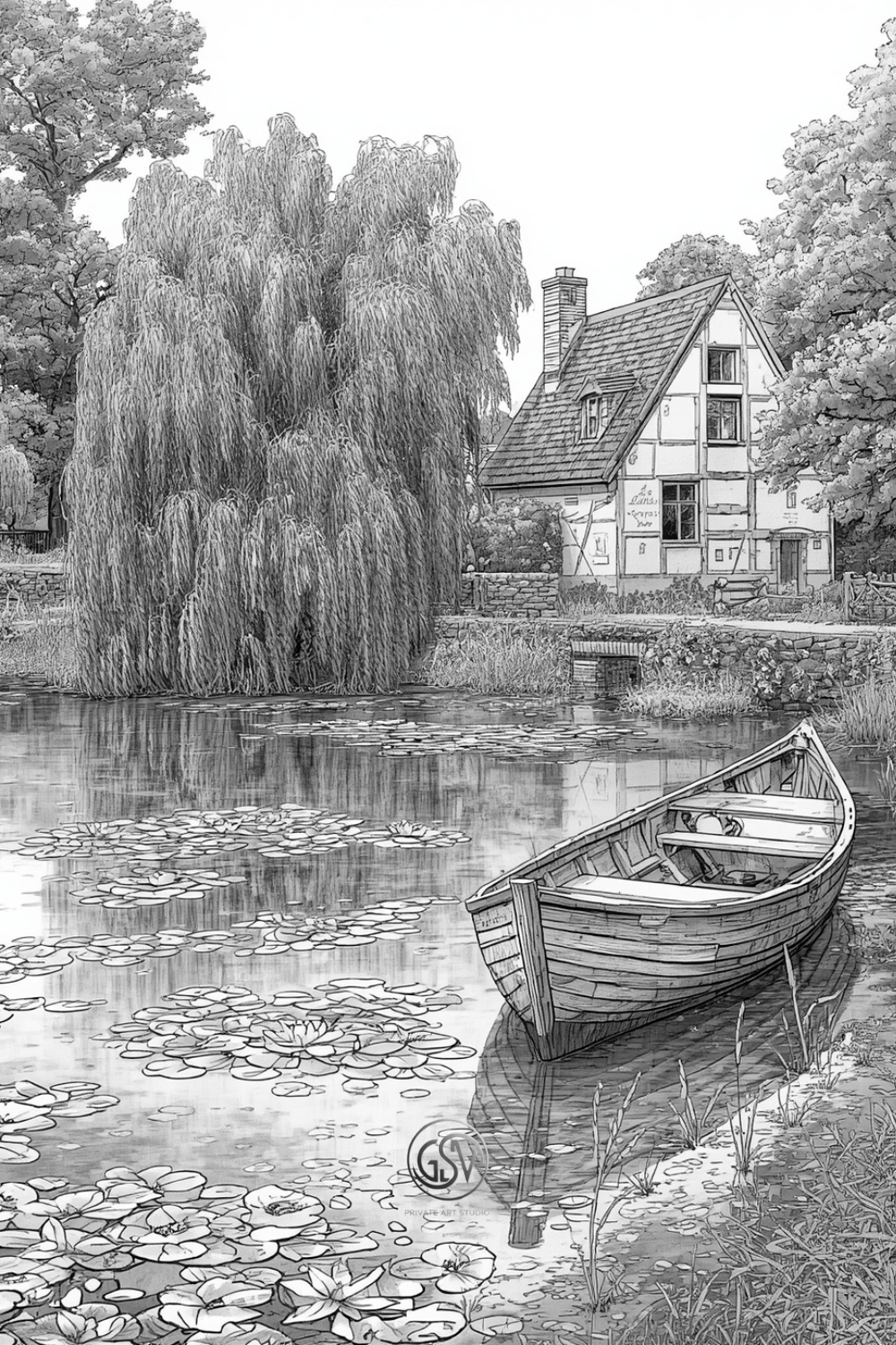 Detailed coloring illustration of a wooden rowboat on a lily pond beneath a weeping willow, half-timbered cottage in the background