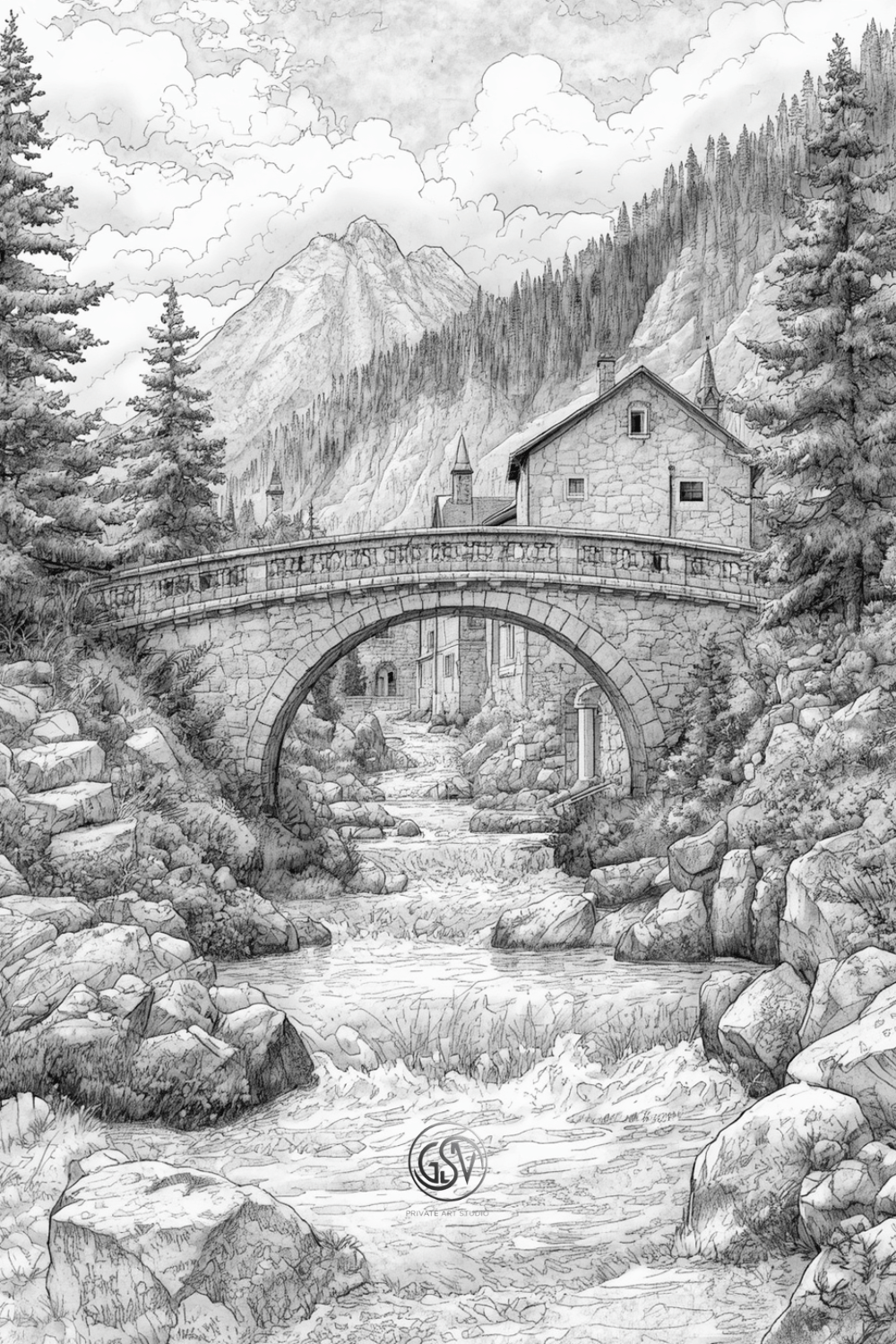 Grayscale line art of a stone arch bridge over a mountain stream, alpine village and pine forest in the background