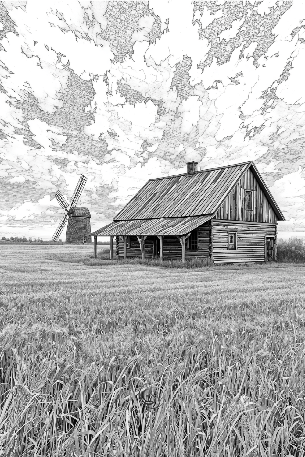 Adult coloring page of a rustic wooden barn beside a windmill in a wheat field, dramatic cloudy sky above