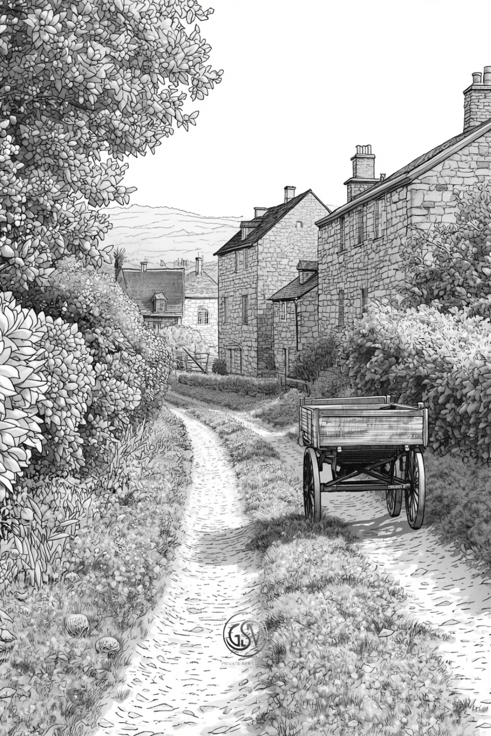 Grayscale illustration of a wooden cart on a cobblestone village lane, flowering hedges and stone houses lining the path