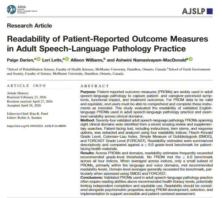 patient reported outcome measures in Speech Language Pathology readability