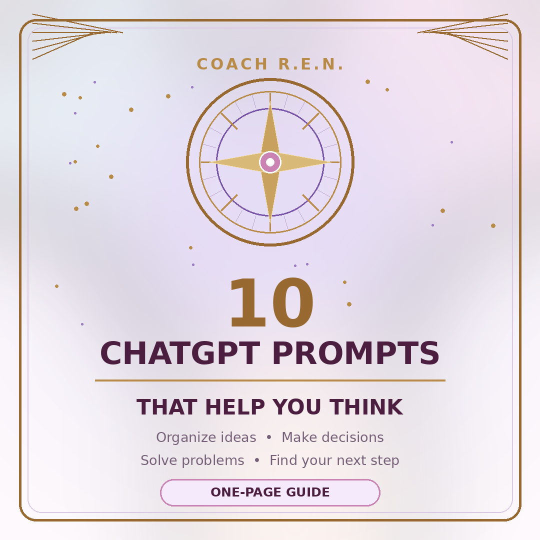 Ethereal lavender, blush and gold Coach R.E.N. cover for a one-page guide featuring 10 ChatGPT prompts that help you think.