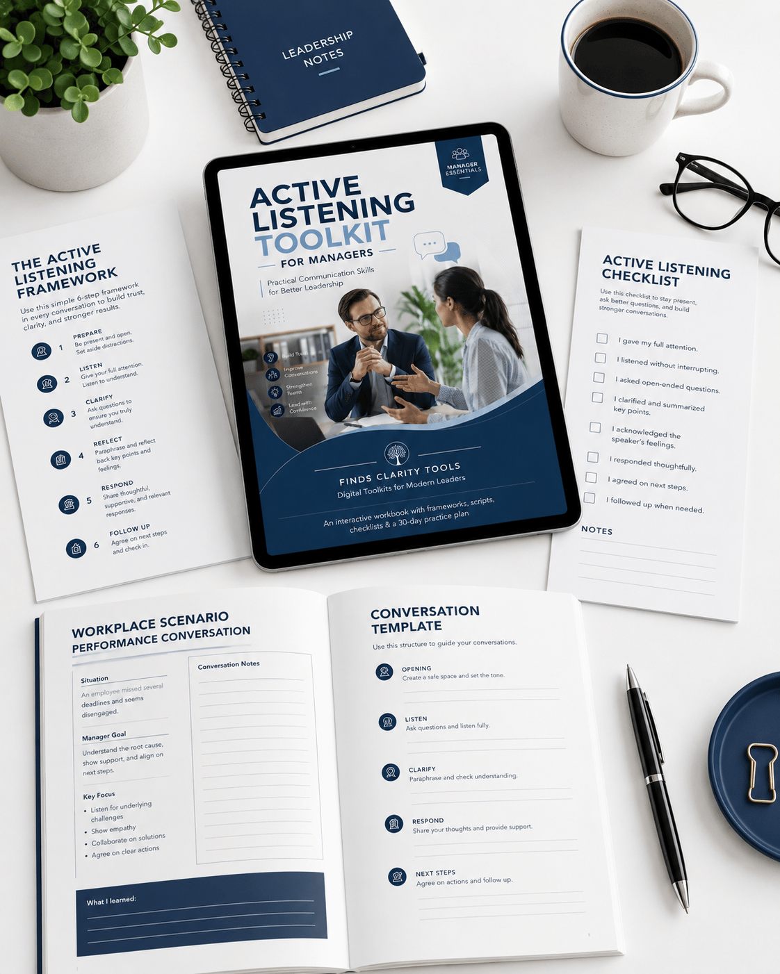 Improve your leadership communication with the Active Listening Toolkit for Managers. Practical worksheets, templates, checklists, and communication strategies to build trust, strengthen teams, and lead more effective conversations.