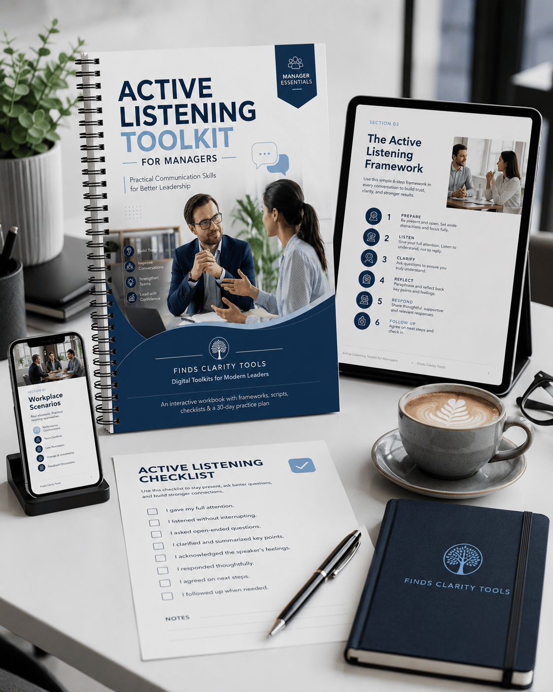Improve your leadership communication with the Active Listening Toolkit for Managers. Practical worksheets, templates, checklists, and communication strategies to build trust, strengthen teams, and lead more effective conversations.