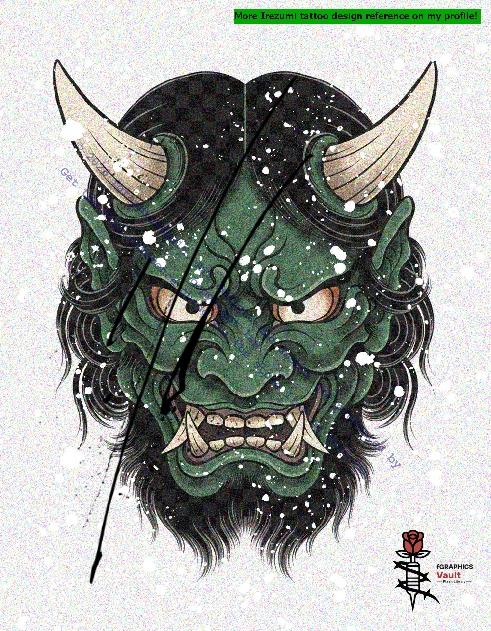 Completed Oni Mask reference beside faded draw-along guide