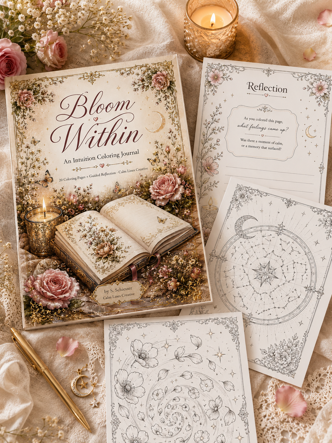 Bloom Within coloring journal flat lay with pink roses, candle and reflection page, cream and gold aesthetic