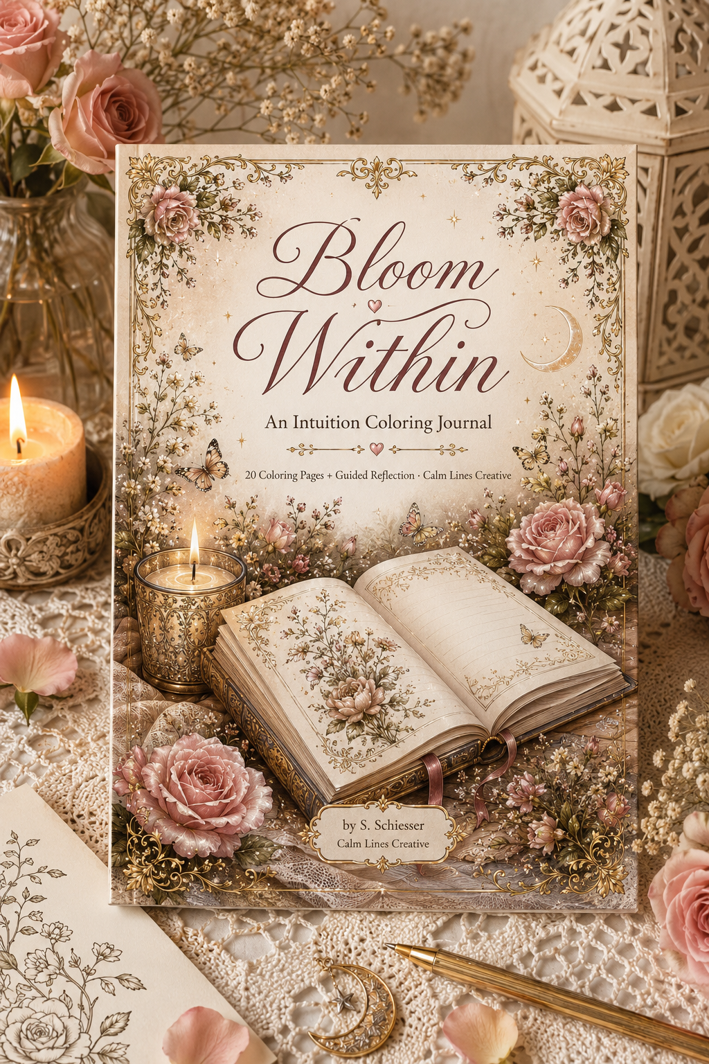 Bloom Within printable coloring journal cover with candle and pink roses, intuition coloring book for adults