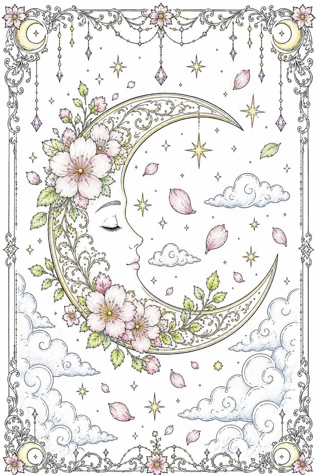 Colored example of crescent moon flower coloring page in soft pink and sage green, coloring book inspiration