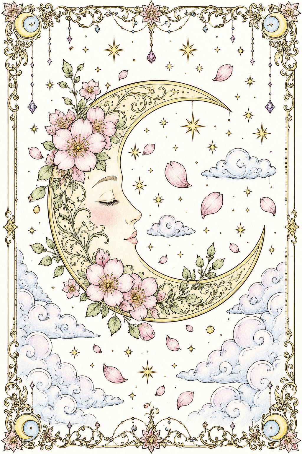 Colored example of crescent moon flower coloring page in gold and blush tones, coloring book inspiration