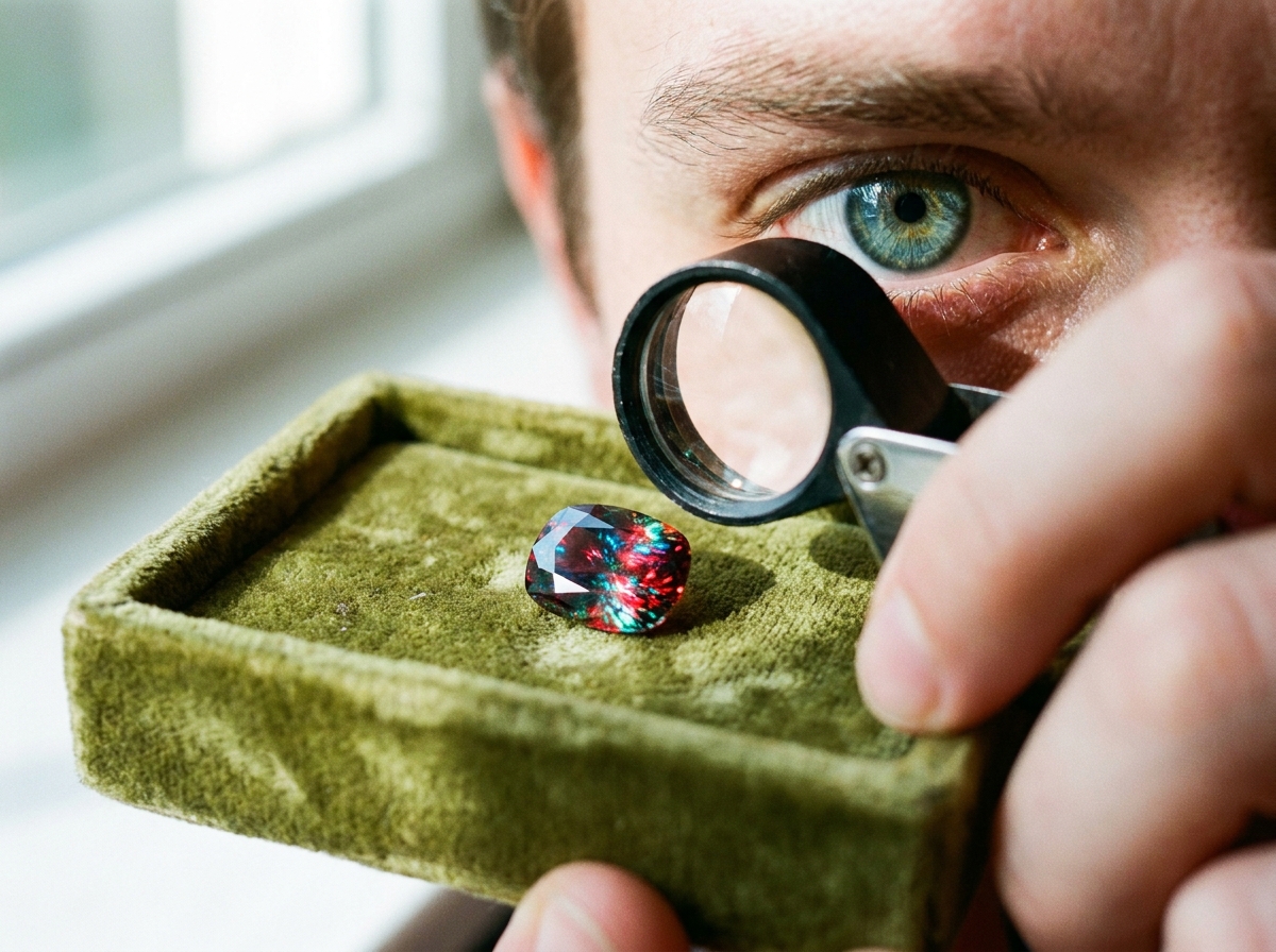 Person using a jeweler’s loupe for gem identification of a colored gemstone, illustrating how to spot fake gemstones in antique jewelry.